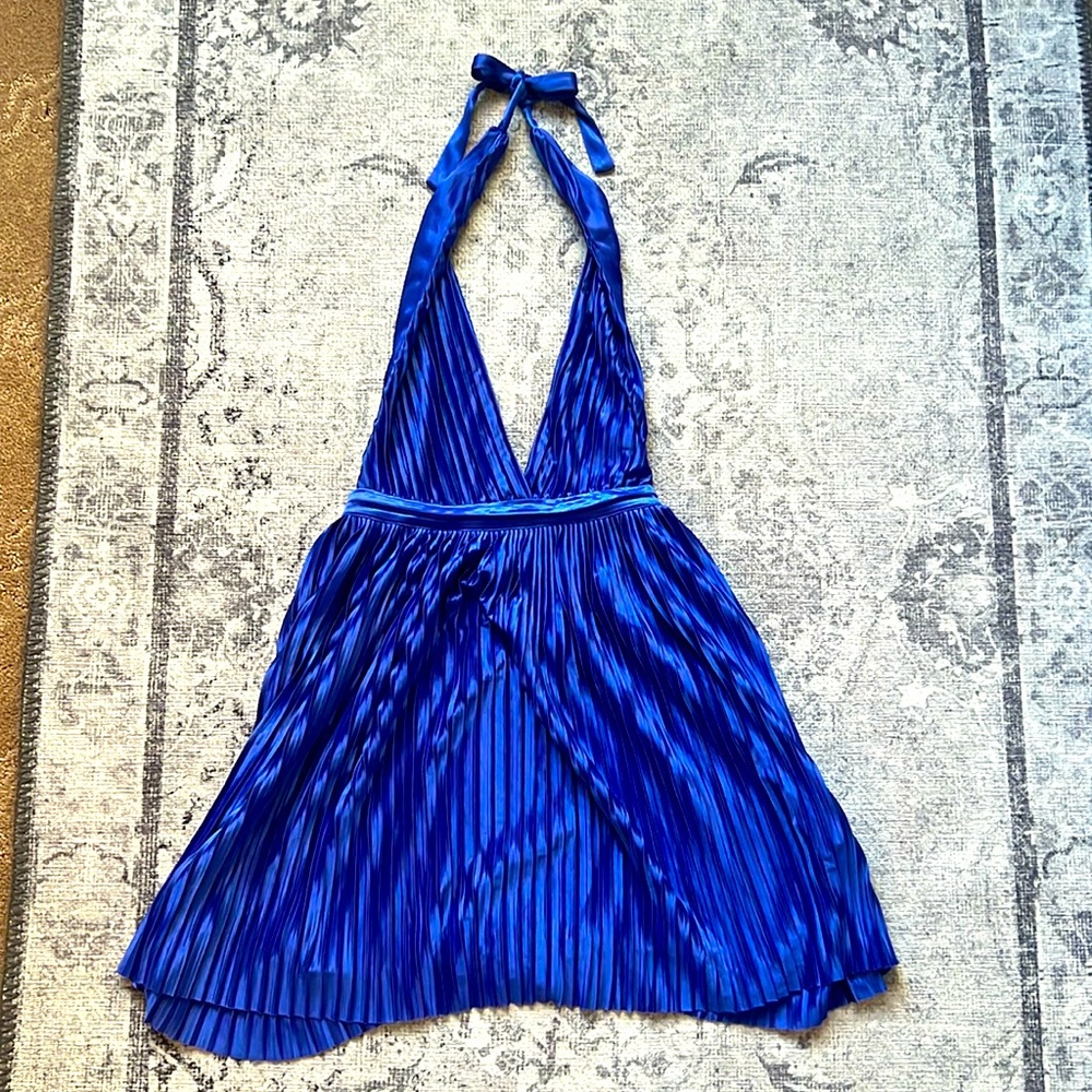 Meshki Royal Blue Halter Shiny Mini Dress